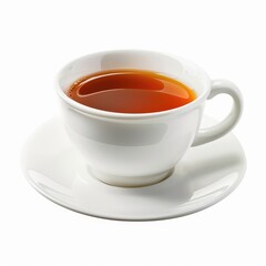 White teacup filled with amber-colored liquid, resting on saucer