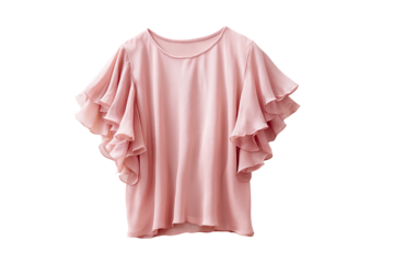 A pale, rosy-pink, women's top with voluminous, ruffled sleeves