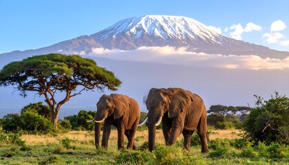 Majestic Kilimanjaro Peaks Over African Elephants in Amboseli National Park