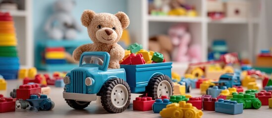 Obraz premium Adorable Teddy Bear in Toy Truck Amidst Colorful Blocks