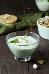 Pistachio Yogurt Served in Glass Bowl