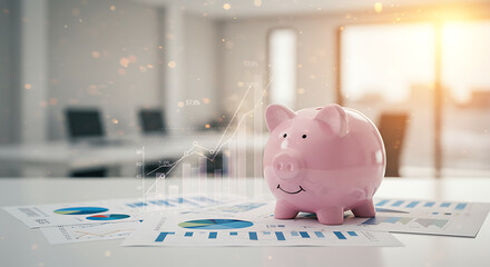 Piggy Bank on Financial Charts with Sunset Light - Business and Saving Concept