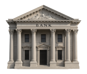 Classical bank building facade with tall columns and intricate architectural details on transparent background.