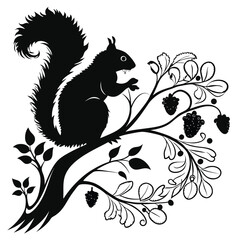 Fototapeta premium Silhouette of a squirrel on a stylized tree branch with berries and leaves