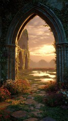 Fototapeta premium Ruined abbey garden at sunset viewed through an arched doorway.