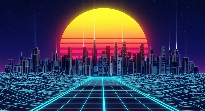 Retro futuristic cityscape with neon grid road and sunset