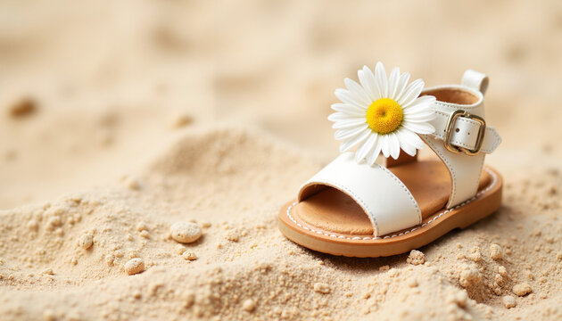 Tiny baby sandal with a white flower tucked inside on sandy surface  