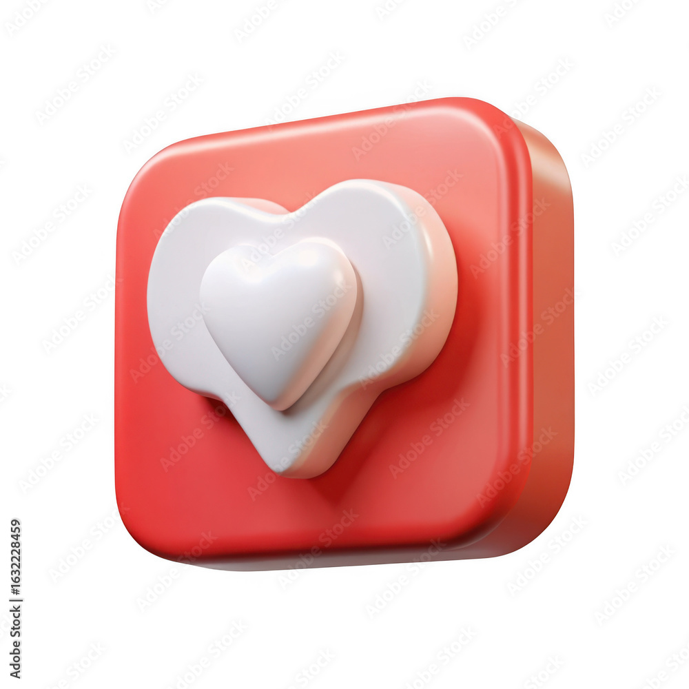 Poster 3d red square button with two white hearts isolated on transparent background