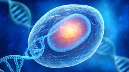 illustration of a stem cell with a stylized DNA helix emerging from its core, emphasizing its genetic potential and role as a blueprint for all life. The image is set against a bold, high-tech 