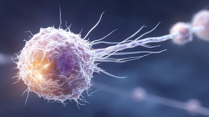conceptual illustration of a single stem cell with a human fingerprint superimposed on its surface, representing the unique and personal potential for healing and identity. The image is set 