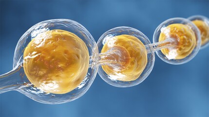 glowing stem cell connected by thin filaments to other cells on a solid blue background. Illustration symbolizes the fundamental role of stem cells in life creation and biological connectivity. 