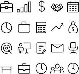 Business and Office Line Icons Set – Briefcase, Chart, Dollar, Handshake, Calendar, Pie Chart, Calculator, Growth, Target