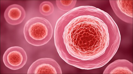 transparent embryo surrounded by protective stem cells illustrated on a light pink background. Represents early life development and cellular protection. embryo protection, pink background, 