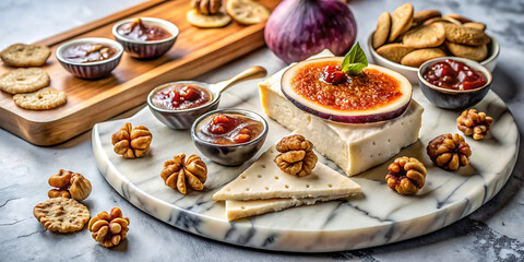 A delightful cheese board featuring fresh figs, crackers, and various jams, perfect for an appetizer or gourmet snack
