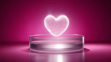 glowing stem cell inside a heart-shaped petri dish on a solid magenta background. Symbolizes the fusion of science, emotion, and the gift of healing. heart petri dish, stem cell love, magenta 