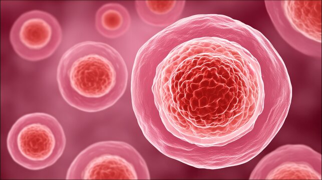 transparent embryo surrounded by protective stem cells illustrated on a light pink background. Represents early life development and cellular protection. embryo protection, pink background, 
