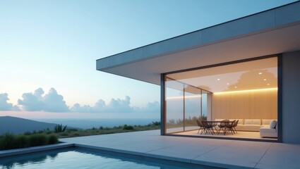 Modern home exterior with outdoor living space and pool.