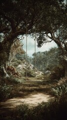 Naklejka premium A swing hangs between ancient trees in a serene woodland glade.