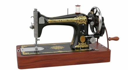 exquisite vintage sewing machine: 3d render of an ornate antique machine isolated on a transparent background, perfect for crafting, fashion, and nostalgia projects