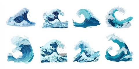 Fototapeta premium Nine stylized ocean waves in shades of blue, varying in crest and form