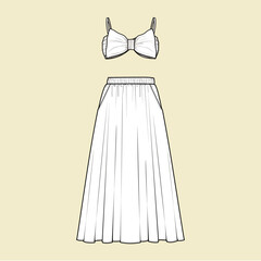 Editable Summer Bow-Tie Bikini Top & Maxi Skirt Fashion Vector. Elegant vector illustration of a peach-pink summer set with a bow-tie bikini top and flowing maxi skirt. Perfect for fashion designers, 