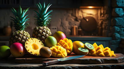 Vibrant and inviting still life of assorted tropical fruits, including whole and sliced pineapples, ripe mangoes cut into chunks, and kiwis, arranged on a rustic wooden board in a warm.