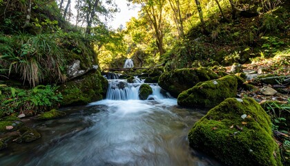 Obraz premium Serene waterfall flowing over mossy rocks in forest.