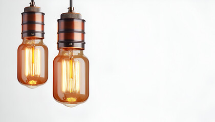 Two vintage Edison-style light bulbs with glowing filaments and copper sockets hanging against a plain white background.