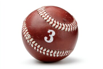 Close-up of a brown leather baseball with the number three