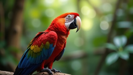Vibrant scarlet macaw perched on a branch.