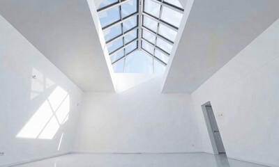 Fototapeta premium minimalist interior with large skylight window natural light flooding into white room Generative AI