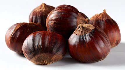 Obraz premium Close-up shot of fresh chestnuts, showcasing their smooth, shiny shells and rich brown color