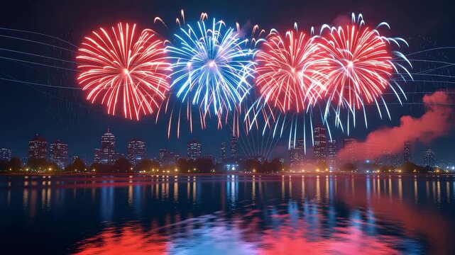 Spectacular Red and Blue Fireworks Over City Skyline Reflecting in Water | 4K Ultra HD New Year, Independence Day, or Festival Celebration Background for Holiday Events and Nighttime Shows - Powered by Adobe