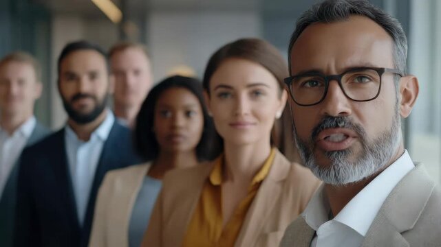 A diverse business team posing for a professional  in an office conference room, reflecting their collaborative spirit and modern corporate environment.