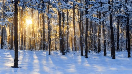 Sunlight illuminates a peaceful winter forest, where snow-covered trees and a frost-dusted path create a cold, serene landscape