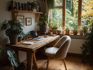 Fototapeta premium Sunlight streams into a cozy plant-filled home office with a wooden desk, laptop, and comfy chair.