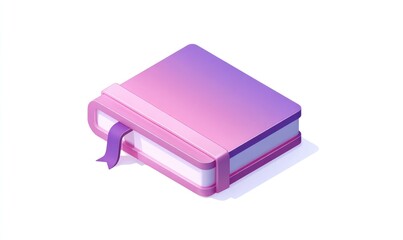 3D isometric illustration of a closed book.  Soft pink and purple gradient cover.  A purple bookmark is attached.  Simple, clean design