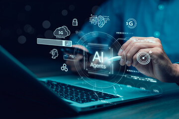 AI Agents and  software interface concept,virtual assistant for customer service, futuristic smart...
