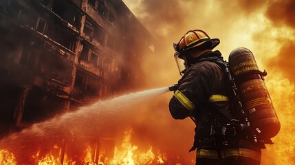 A heroic firefighter in full gear sprays water on a burning building, showcasing bravery amid smoke and flames in an ultra-realistic scene.