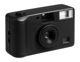 Black compact point-and-shoot camera with built-in flash and sleek design on transparent background.