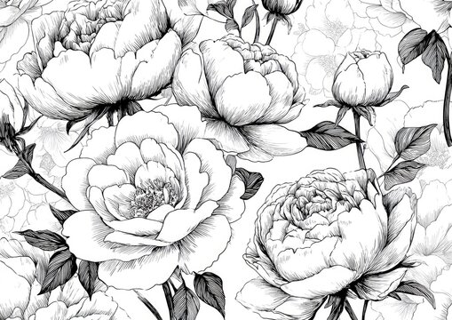 Detailed black and white floral pattern.  Botanical illustration of peonies