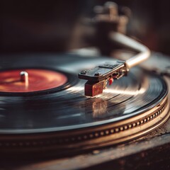 Record playing. Indoors. Vintage vibe with vinyl record in the foreground. Music blogs