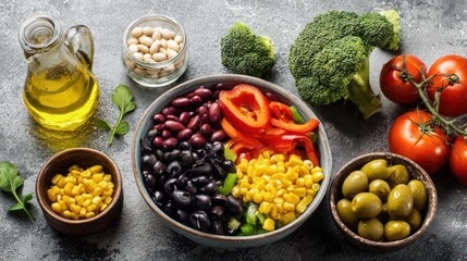 Balanced Meal's Colorful Array: A vibrant composition of fresh, nutritious ingredients artfully arranged, this image offers a visual feast of healthy choices for a well-rounded diet.