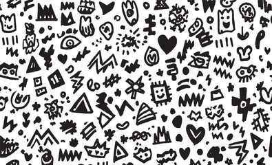 Line brush heart vector set. Hand drawn sketch doodle style arrow, cloud, star with marker stroke pencil highlight. Cute handwritten crown, 