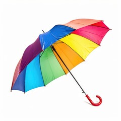 Colorful umbrella, open, rainbow hues, angled view, against white background