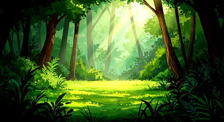 Fototapeta premium Lush green forest clearing bathed in bright sunlight and dappled shade woods nature