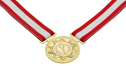 Real gold medal isolated on transparent PNG background, winner award concept