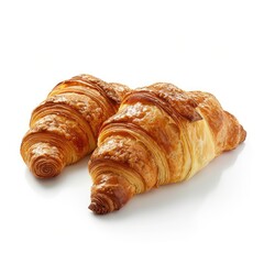 Two golden-brown croissants, slightly overlapping, sit on a white background.  Their flaky, layered structure is evident in the visible folds and ridges
