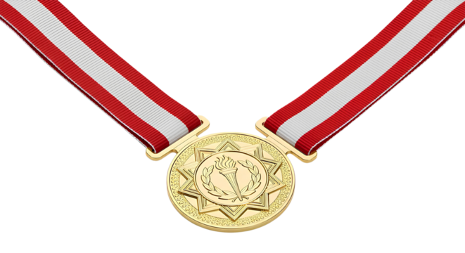 Real gold medal isolated on transparent PNG background, winner award concept