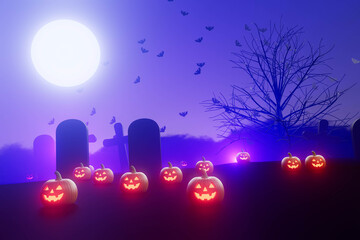 A graveyard with a large moon in the sky, halloween concept